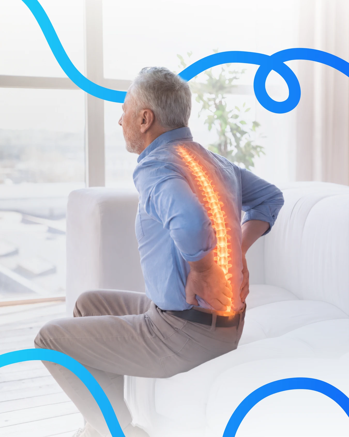 Ilustración de la columna vertebral sobre un hombre con dolor en la espalda baja